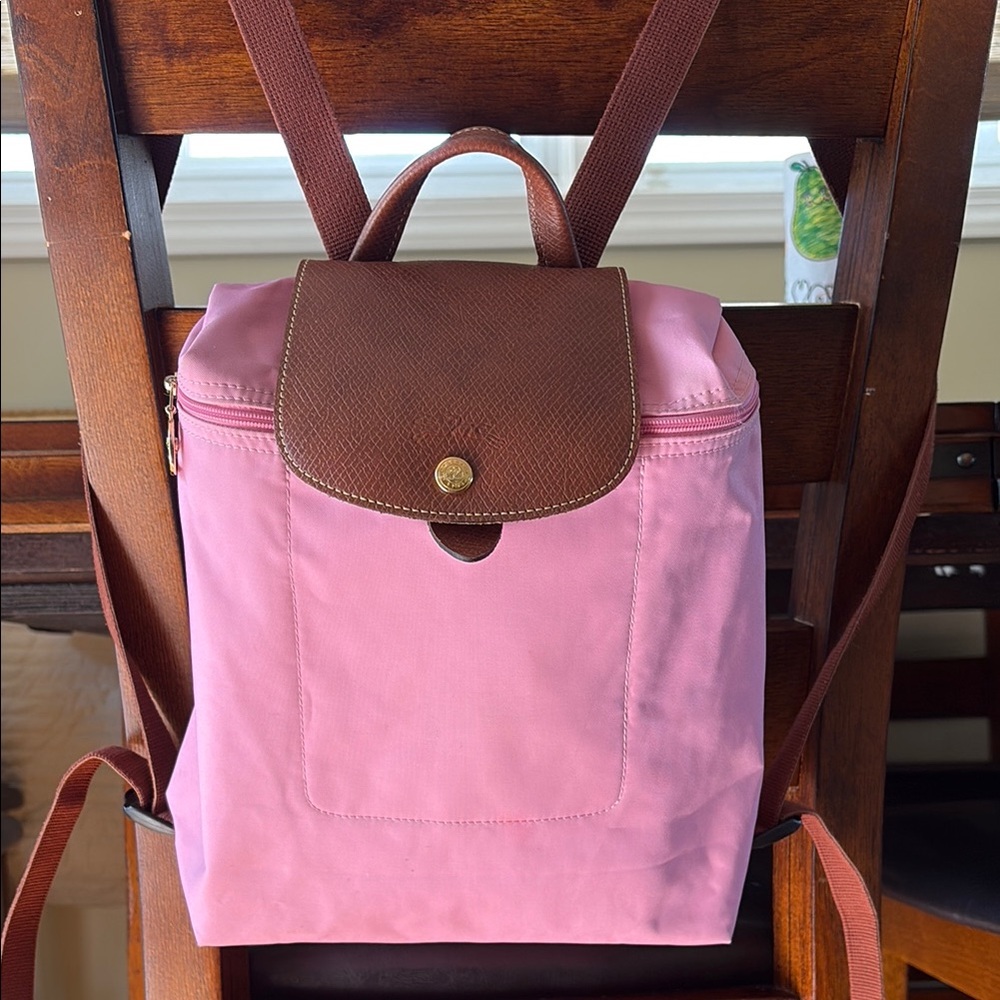 Longchamp Pink and Brown Le Pliage Backpack